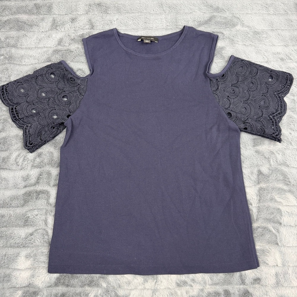 Ann Taylor Cold Shoulder Lace Sleeve Sweater Navy Blue Eyelet Knit Top Large